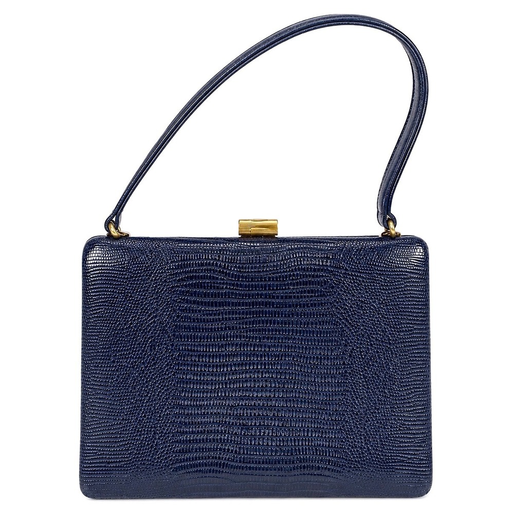 50s/60s Mlle de Paris Handbag Navy Blue Faux Lizard Embossed Gold Frame MCM